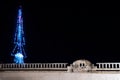 Transmitter tower decorated as christmas tree with colonial building, Merida, Yucatan, Mexico