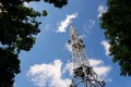 Transmitters and aerials on telecommunication tower with cloudy blue sky Royalty Free Stock Photo