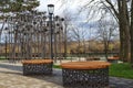 Transnistria, Bendery - March 20, 2024: Round benches in Oktyabrsky Park on the embankment of the Dniester River