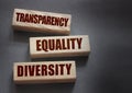 Transparency Equality diversity words on long wooden blocks on black background. Equality concept by gender, ethnicity and age