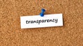 Transparency. Word written on a piece of paper, cork board background