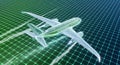 Transparent airplane with glowing green internal structure and light trails on a grid Royalty Free Stock Photo
