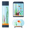 Transparent aquarium vector illustration habitat water tank house underwater fish tank bowl.