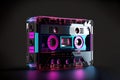 Transparent audio cassette tape illuminated with pink and blue lanterns on black background.