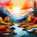 a transparent background with a vibrant watercolor landscape 