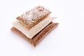 Set of transparent bags with rice, lentils, buckwheat grain on white background