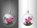 A transparent ball of glass with violets inside. Elements of Christmas decorations. Transparent vector object for design, layout. Royalty Free Stock Photo