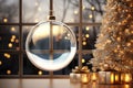 Transparent bauble ornament mock up. Christmas ornament mockup with golden decorations