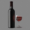 Transparent blank black realistic bottle for red wine on plaid background with glass . Vecto