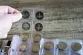 Transparent blister album page with coin collection of 2 euro commemorative coins Royalty Free Stock Photo