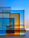 Transparent blue and amber colored glass cubes overlapping each other on a reflective surface with a gradient sky background Royalty Free Stock Photo