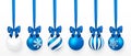 Transparent and Blue Christmas ball with snow effect and blue bow set. Xmas glass ball on white background. Holiday decoration Royalty Free Stock Photo