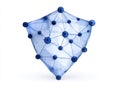 Transparent blue 3D network shield with interconnected points, showcasing technological innovation, network integrity, and mode