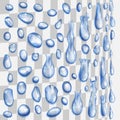 Transparent blue drops flowing along a cylindrical surface