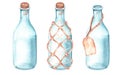 Transparent, blue empty glass bottle. Watercolor illustration. Isolated on a white background.