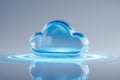 Transparent blue glass cloud icon glowing on reflective surface with soft ripples symbolizing digital data storage and cloud Royalty Free Stock Photo