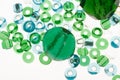 Transparent blue and green glass beads