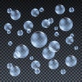 Transparent blue soap bubbles vector set on plaid background. Sphere ball, design water and foam, aqua wash illustration