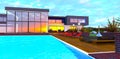 Transparent blue water of the pool in the yard of the modern mansion with glass exterior. Cozy rest zone with comfortable Royalty Free Stock Photo