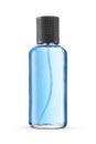 Transparent bottle of blue perfume with black lid isolated on a white
