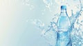 Transparent bottle with drinking water in flying splashes on blue background Royalty Free Stock Photo