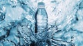 Transparent bottle with drinking water in flying splashes on blue background Royalty Free Stock Photo