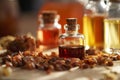 A bottle of essential oil with myrrh resin Royalty Free Stock Photo