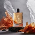 A transparent bottle of expensive mens perfume. Trendy concept of natural materials. Natural cosmetic