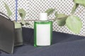 Transparent bottle with green liquid. Cosmetic container with shampoo, rinse aid, gel or serum, mockup