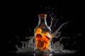 A transparent bottle with orange slices falls on the surface with water on a dark background Royalty Free Stock Photo