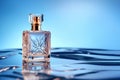 Transparent bottle of perfume on pastel background. Fragrance presentation, daylight, trending minimal studio shot, perfumery,