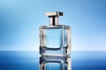 Transparent bottle of perfume on pastel background. Fragrance presentation, daylight, trending minimal studio shot, perfumery,