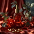 Transparent bottle of perfume on a red background. Fragrance presentation with daylight. Trending concept with beautiful shadow.