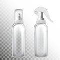 Transparent bottle set with atomizer on white and transporent background. Mock up bottle cosmetic or medical vial, flask, flacon