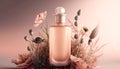 Transparent bottle surrounded with flowers for a beautiful and luxurious beauty product showcase and presentation Royalty Free Stock Photo