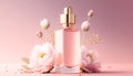 Transparent bottle surrounded with flowers for a beautiful and luxurious beauty product showcase and presentation Royalty Free Stock Photo