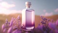 Transparent bottle surrounded with lavender for a beauty product showcase and presentation Royalty Free Stock Photo