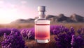 Transparent bottle surrounded with lavender for a beauty product showcase and presentation Royalty Free Stock Photo