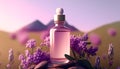 Transparent bottle surrounded with lavender for a beauty product showcase and presentation Royalty Free Stock Photo