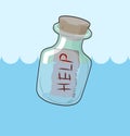 Transparent bottle with text Help on sand. Glass vessel with message issued on seashore. Last words of perishing. Royalty Free Stock Photo