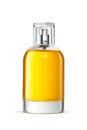 Transparent bottle of yellow perfume with clear lid isolated on a white