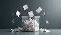 Transparent box filled with crumpled paper, white sheets falling. Conceptual image illustrates voting process, corruption or Royalty Free Stock Photo
