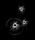 Transparent Broken Glass Window with three Bullet Holes Close up Isolated on Dark Black Background Royalty Free Stock Photo