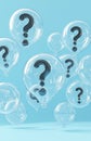 Transparent bubbles with question marks floating in blue background create sense of curiosity and inquiry. This 3D rendering Royalty Free Stock Photo