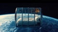 A transparent capsule floats in space with a bed inside, offering a view of Earth below Royalty Free Stock Photo