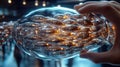 A transparent capsule held in hand contains metallic fish-like forms, reflecting light in a surreal high-tech laboratory setting Royalty Free Stock Photo