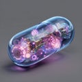 Transparent capsule showing internal nanobot visualization, biotechnological composition Royalty Free Stock Photo
