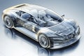 Transparent car design showcasing internal mechanics and structure on a reflective surface Royalty Free Stock Photo