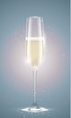 Transparent champagne glass with sparkling white wine. Faded retro vintage background. New Year or other event greeting card