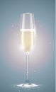 Transparent champagne glass with sparkling white wine. Faded retro vintage background. New Year or other event greeting card with